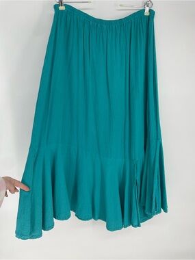Oh My Gauze! Teal Blue Gauze 100% Cotton Flounce Hem With Slits Flowy Midi Skirt